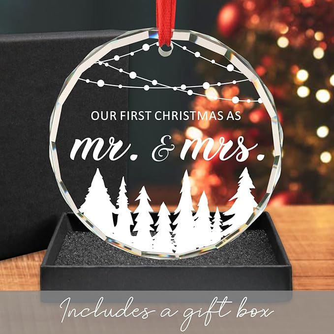 Wedding Gifts for Newlywed Couple Bridal Shower Gifts for Bride 1st Christmas Married Mr and Mrs Gift Just Married Gift for Her Christmas Tree Decoration Glass Round Ornament