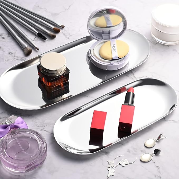 Set of 2 Silver Oval Stainless Steel Tray (30cm x 12cm) – Mini Coffee Table Tray for Jewelry, Cosmetic & Candle