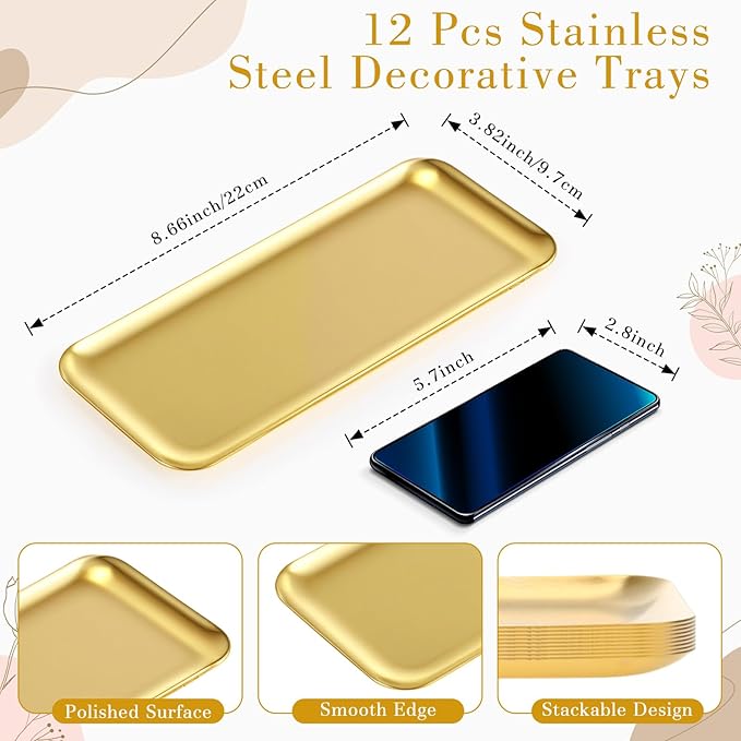 Vesici 12 Pcs 8.66 x 3.82 inches Small Gold Tray Bulk, Stainless Steel Rectangle Serving Trays Trinket Decorative Bathroom Tray for Vanity Jewelry Makeup Towel, Dish Plate Tea Fruit Storage Platter