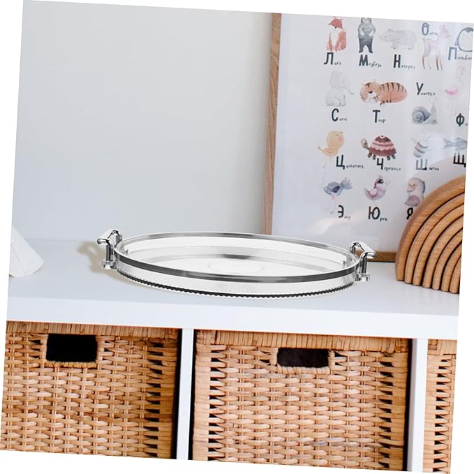 Round Serving Tray with Golden Rim Handle for Convenient Transport Decorative Snack and Fruit Holder Silver Color for Parties and Entertaining
