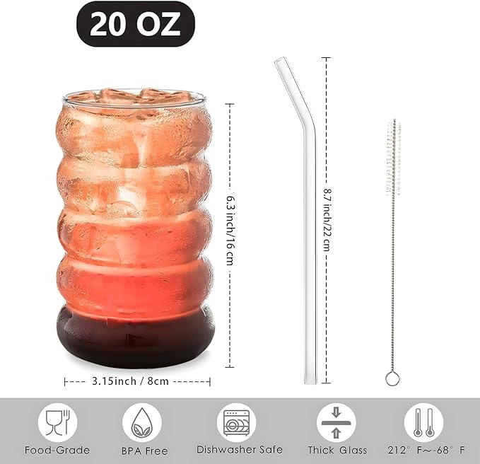 Ework4U 4 Pcs 20oz Drinking Glasses Set with Straws, Cute Iced Coffee Glass Cups, Iced Coffee Tumblers, Thick Drinking Jars for Smoothie, Boba Milk Tea, Ideal for Gift, with Straw Brush