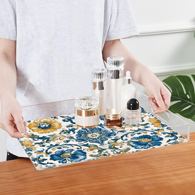 Serving Tray with Handles Clear Acrylic Tray 12x16 Inch Decorative Rectangular Tray Organizer for Ottoman Coffee Table Bathroom Floral Blue and Yellow Tile