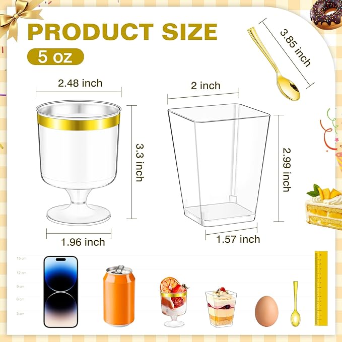 mwellewm 300Packs Dessert Cups with Spoons, 5 OZ Mini Clear Plastic Parfait Cup for Party, Square Desert Shot Glasse Round Goblet with Gold Rim Small Reusable Fruit Ice Cream Pudding Appetizer Cup