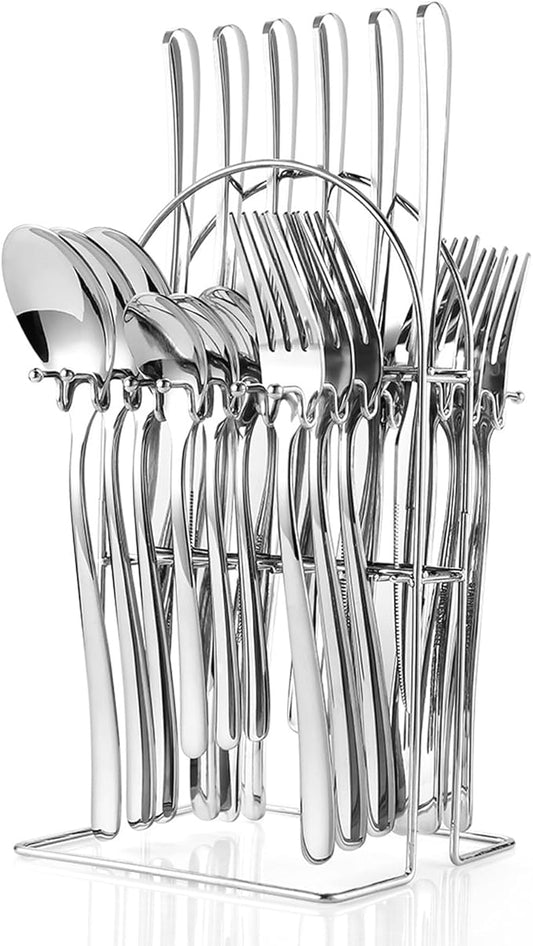 24 Pieces Flatware Set, Stainless Steel Cutlery Set with Silverware Holder, Spoons Forks Knives Set,Hanging Silverware Set Service for 6,Dishwasher Safe (Silver)