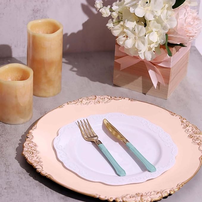 13" Charger Plates -Set of 12 - Acrylic Blush Round Baroque Disposable Chargers Leaf Embossed Rim, Ideal for Dinner Party Wedding Bulk Events