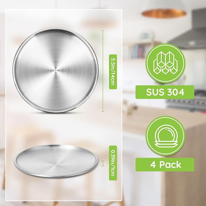 Stainless Steel Plates, 4 Pack 5.5 inch 304(18/8) Metal Food Serving Plate Set, Reusable Snack Eating Dishes Round Shatterproof Plate Silver Dinnerware for BBQ Dinner Oven Dishwasher Safe