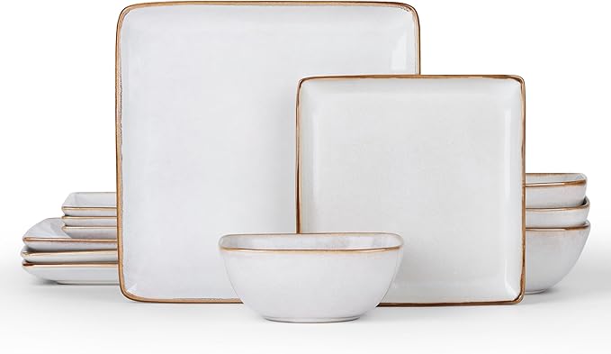 E-far Square Plates and Bowls Sets, 12-Piece Stoneware Dinnerware Sets for 4, Reactive Glaze Dish Set, Chip and Scratch Resistant, Microwave and Dishwasher Safe, Seashell White