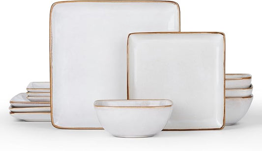 E-far Square Plates and Bowls Sets, 12-Piece Stoneware Dinnerware Sets for 4, Reactive Glaze Dish Set, Chip and Scratch Resistant, Microwave and Dishwasher Safe, Seashell White