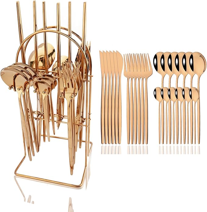 JASHII 24-Piece Stainless Steel Flat Flatware Set for 6, Fork Spoon Knife Set Eating Utensils Tableware with Holder for Kitchens Home and Restaurant, Dishwasher Safe - Rose Gold