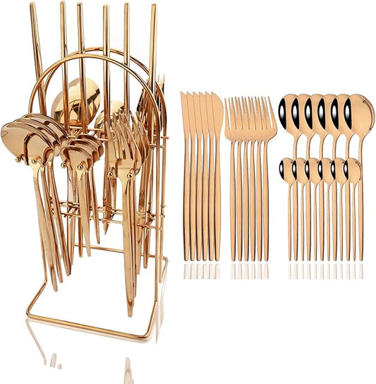 JASHII 24-Piece Stainless Steel Flat Flatware Set for 6, Fork Spoon Knife Set Eating Utensils Tableware with Holder for Kitchens Home and Restaurant, Dishwasher Safe - Rose Gold