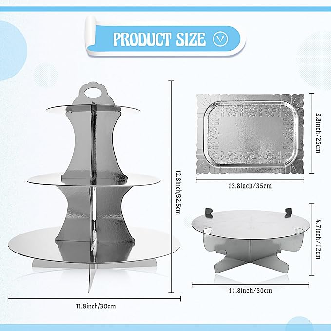 Zopeal 7 Pcs Dessert Table Display Set 3-Tier Cupcake Stand 1-Tier Cup Cake Display Tower Platters and Serving Trays Cardboard Cake Cookie Holders for Wedding Birthday Party Baby Shower(Silver)