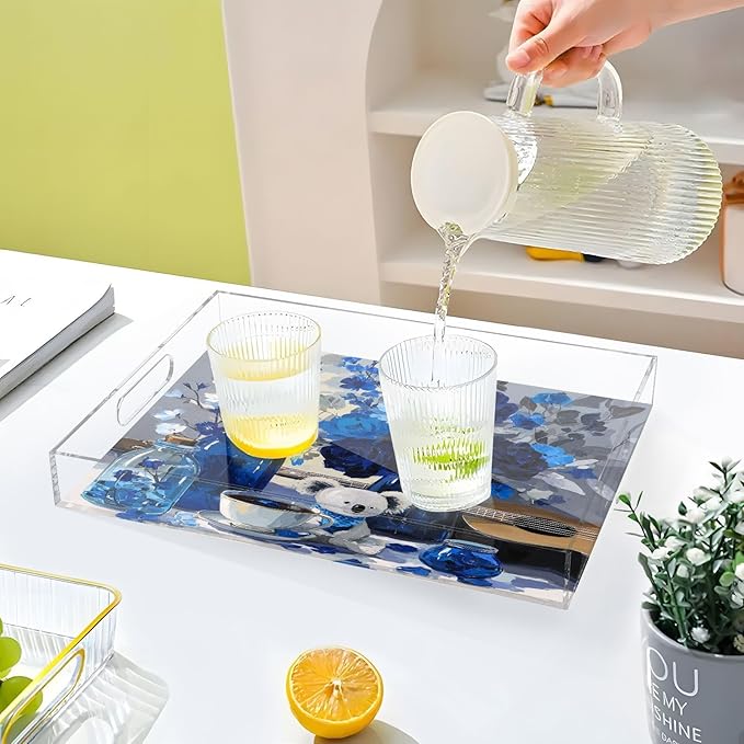 Serving Tray with Handles Clear Acrylic Tray 12x16 Inch Decorative Rectangular Tray Organizer for Ottoman Coffee Table Bathroom Koala Rose Coffee Blue