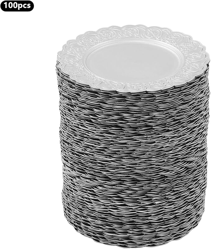 100 Pcs Antique Charger Plates Bulk 13 Inch Embossed Rim Plastic Party Dinner Plate Chargers Round Decorative Server Plate for Wedding Party Event Tableware (100pcs-silver5)