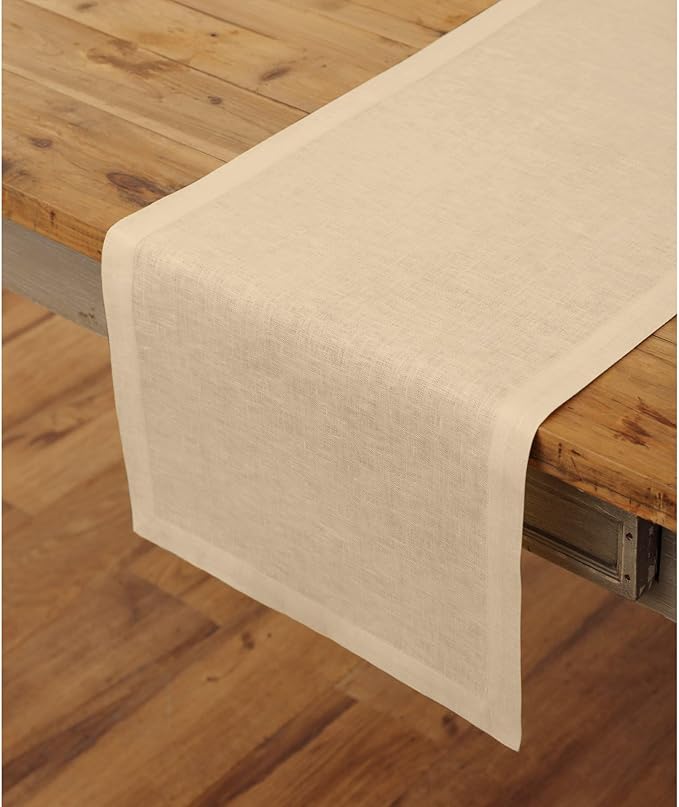 Solino Home Linen Beige Table Runner 90 Inches Long - 100% Pure Linen 14 x 90 Inch Table Runner for Christmas, New Year - Fete