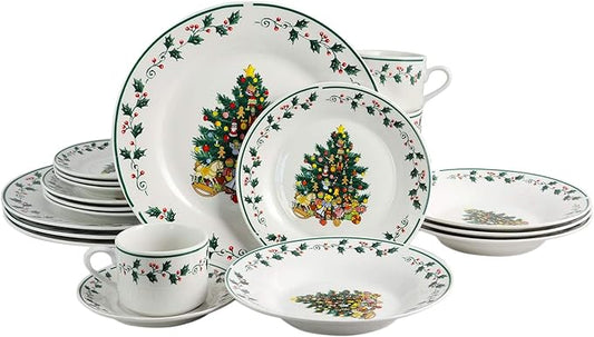 Unknown1 Cozy Christmas Tree Fine Ceramic 20 Piece Decorated Dinnerware Set White Holiday Casual Round Microwave Safe