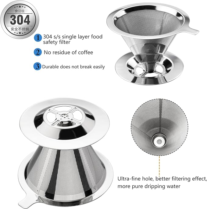 Pour Over Coffee Dripper Stainless Steel Coffee Filter Cone Coffee Filters Double Mesh Design Reusable