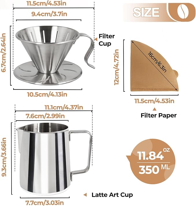 Uncoated Pour Over Coffee Maker 350ml Milk Frothing Pitcher 304 Thickened Stainless Steel Drip Coffeemaker Set with 50pcs V60 Cone Paper Filters Hand Brew Dripper Carafe for Home Camping Travel 12oz