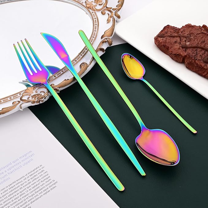 36-piece Rainbow 18/10 Stainless Steel Flatware Set, Resuable Cutlery Set For 6, Complete Tableware Set For Home Restaurant Wedding Party Daily Meal, Mirror Polish