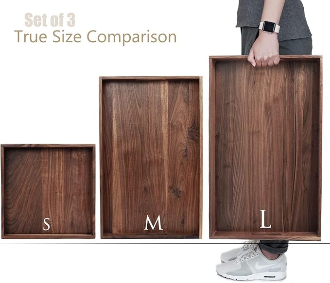 Set of 3 Large Solid Black Walnut Wood Ottoman Tray with Handles, Serve Tea, Coffee or Breakfast in Bed, Classic Wooden Decorative Serving Tray, L+M+S