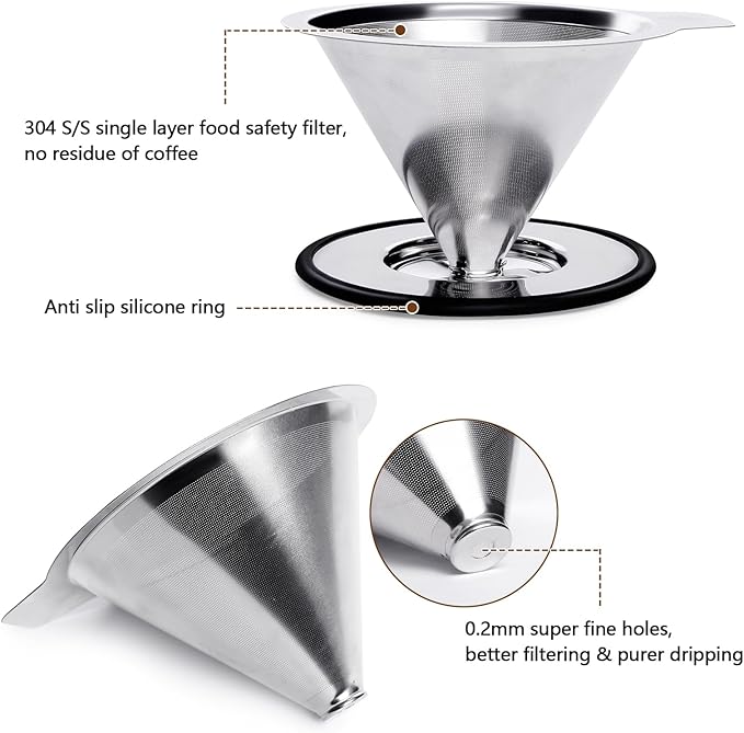 LHS Pour Over Coffee Dripper Reusable Coffee Filter Metal Cone Filter Paperless Coffee Filter Stainless Steel Pour Over Coffee Maker Single Cup Brew Coffee Filter
