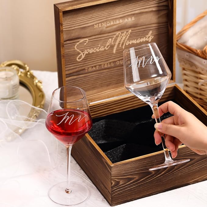 2025 Mr & Mrs Wine Glasses Gift Set with Memory Box,Wine Bag, Greeting Card – Engagement, Wedding & Newlywed Gifts for Couples, Just Engaged Gifts for Women, Christmas Couple Present