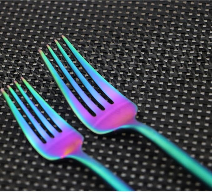 Iridescent Rainbow Multicolor Flatware 10 Pieces Tableware Set Cutlery Set Dinnerware Anti-rust Utensil Set,Salad Spoons Knives and Dessert Forks, Service for 2