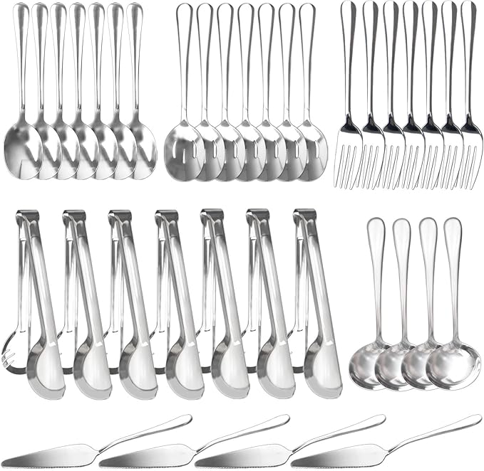 36 Pcs Stainless Steel Serving Utensils Set - Silver Serving Flatware Set Include Large Spoons, Slotted Spoons, Forks, Soup Ladle, Pie Server and Tongs for Kitchen, Buffet, Party Supplies