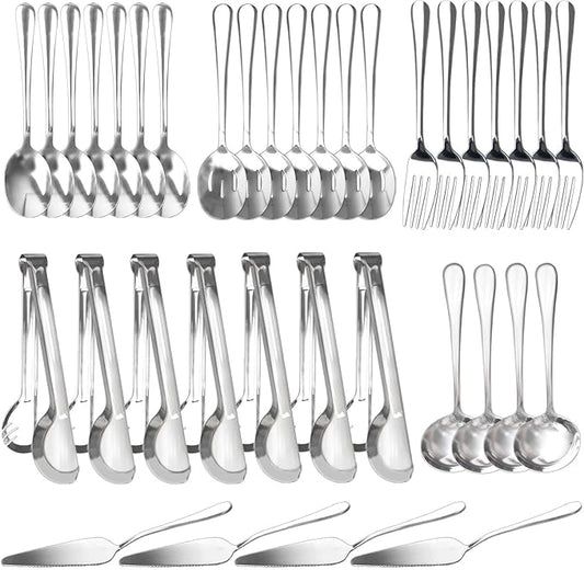 36 Pcs Stainless Steel Serving Utensils Set - Silver Serving Flatware Set Include Large Spoons, Slotted Spoons, Forks, Soup Ladle, Pie Server and Tongs for Kitchen, Buffet, Party Supplies