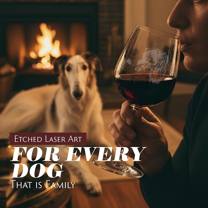 Etched Laser Art Borzoi Personalized Dog Themed Etched 12.75oz Wine Glass Custom Dog Breed Wine Glasses, Ideal for Pet Lovers, Unique Birthday Gift for Men & Women, Personalized Gift