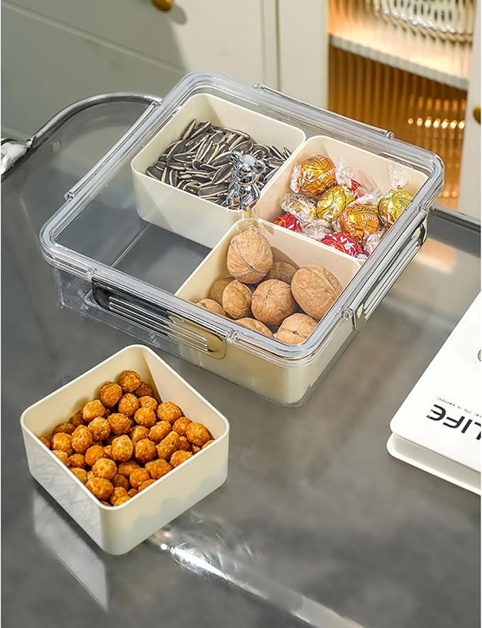 Beige Silver Square Plastic Divided Serving Tray with Lid, 4 Compartments Snack Tray Serving Platter for Biscuits, Fruit, Veggie, Candies and Hot Pot