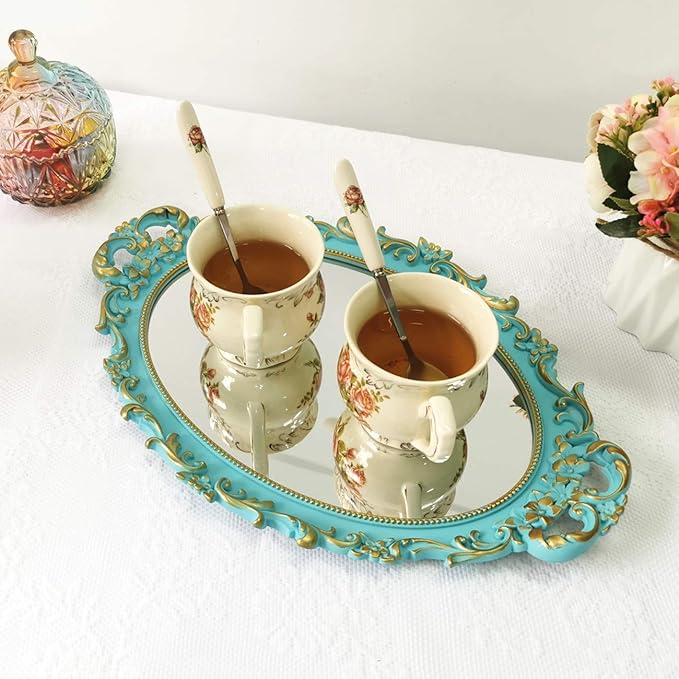 Hamphinee Oval Floral Wall Mirror Tray, Dresser Organizer Tray, Decorative Perfume Mirror Tray, Serving Tray, 9.5"x14.5", Blue