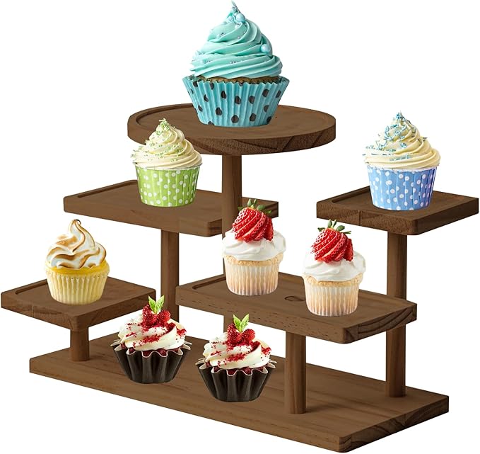 5 Tier Wooden Cupcake Stand, Farmhouse Dessert Display Stands, Rustic Tiered Tray Cupcake Tower Table Display Rack for Wedding, Birthday, Graduation, Tea Party and Coffee Break (Walnut)