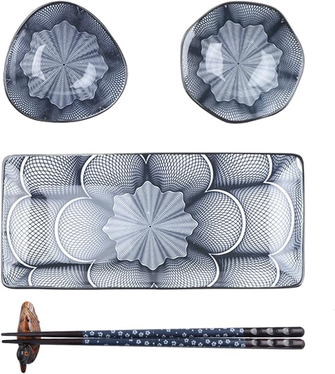 Artcome 10 Pcs Japanese Style Ceramic Sushi Plate Dinnerware Set for Wedding Housewarming - 2 Sushi Plates, 2 Sauce Dishes, 2 Snack Bowl, 2 Pairs of Chopsticks, 2 Chopsticks Holders, Dark Blue