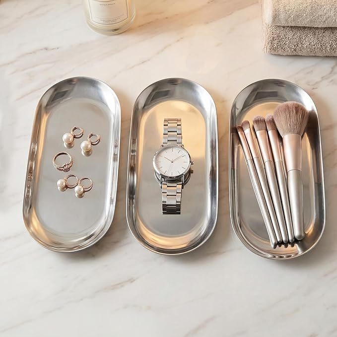 SHEUTSAN 12 PCS Silver Decorative Tray, 7x3 Inch Small Stainless Steel Tray for Bathroom, Jewelry, Candles
