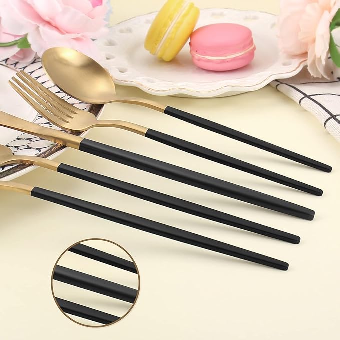 Matte Gold Silverware Set With Black Handle, LAZAHOME Stainless Steel Flatware Cutlery Set Service for 8, 40-Piece Kitchen Utensil Set Include Spoons And Forks Set, Dishwasher Safe.