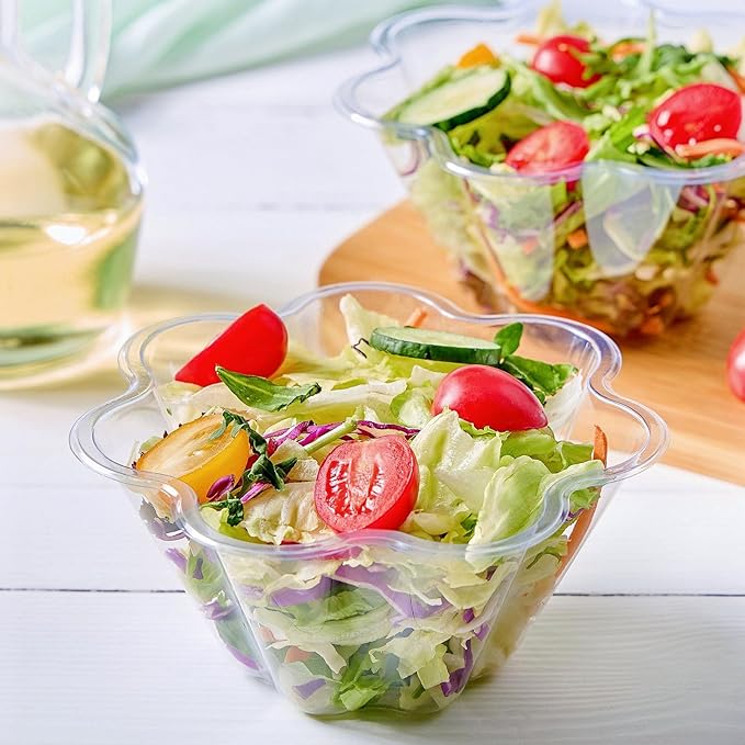 TOFLEN 17 Oz Clear Plastic Bowls for Parties, 100 Pack Flower Shaped Disposable Hard Plastic Party Bowls for Dessert, Ice Cream, Parfait, Fruit, Salad, Snack and More Cold Food