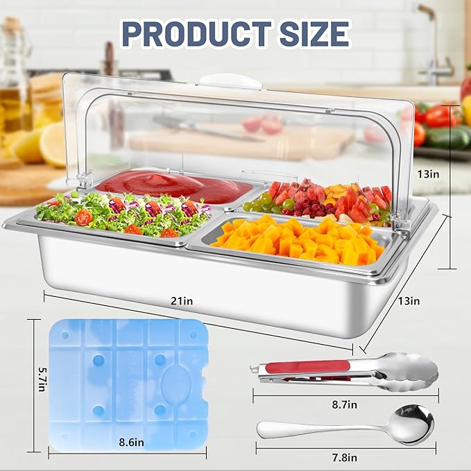 Countertop Ice Food Serving Display Tray with 4 Pan, Salad Bar Buffet Station for Home, Cold Food Buffet Server, Pizza Topping Station, Cold Buffet Table Serving Station for Party