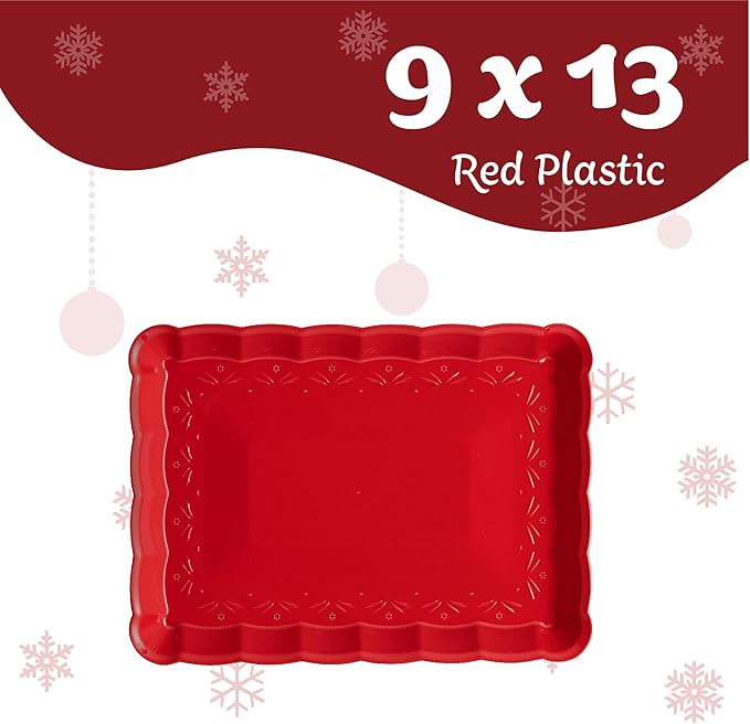 Plasticpro Plastic Serving Trays - Serving Platters Rectangle 9X13 Disposable Party Dish Includes 4 Red Christmas Trays
