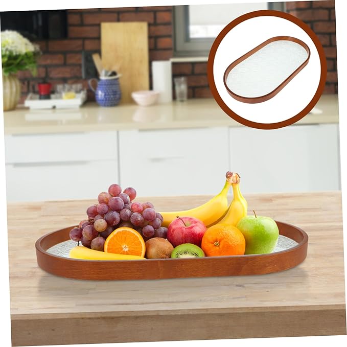 Antique Glass Serving Tray with Wooden Edge Rectangular Fruit and Dessert Platter Portable Snack Tray for Tea Ceremonies and Parties