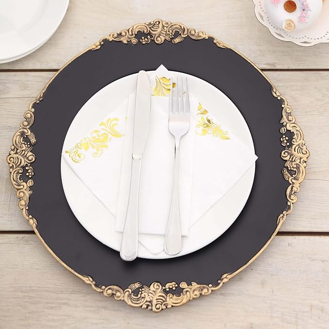 13" Charger Plates -Set of 12 - Acrylic Black Round Baroque Disposable Chargers Leaf Embossed Rim, Ideal for Dinner Party Wedding Bulk Events