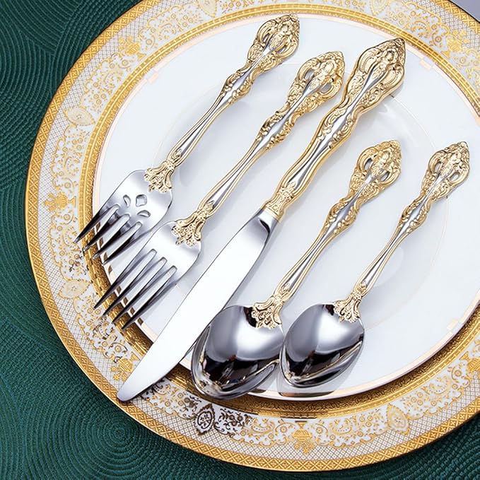 20 Piece Golden Flatware Set for 4, Luxury Silverware Set, 18/10 Stainless Steel Flatware Cutlery Utensil Set, Mirror Polished, Dishwasher Safe (20-Piece for 4)