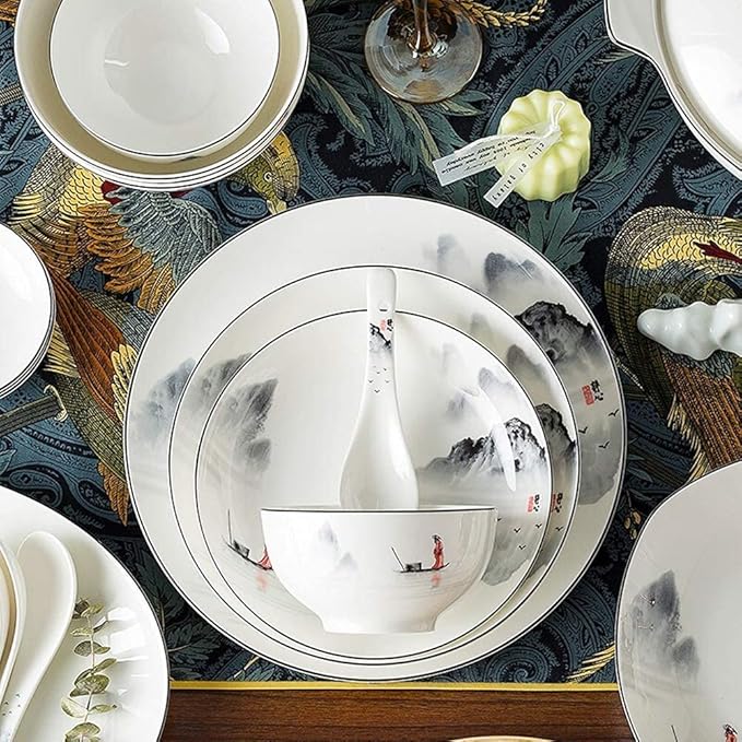 Dishes/Plate/Bowl Set,Dinnerware Sets for 4/6/ 12, Chinese Dinner Set, Black and White Plates and Bowls Set, Dish Set/Tableware Set, Chinese Ancient Ink Painting Design - for Home, Kitc
