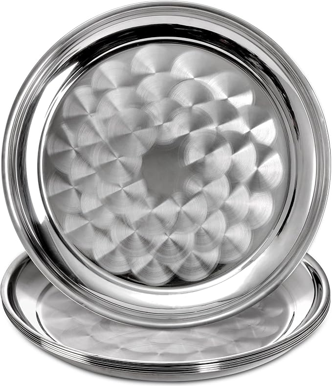 ZEAYEA 6 Pack Stainless Steel Round Tray, 12 Inch Bar Serving Tray with Swirl Pattern, Silver Display Serving Platter, Round Metal Tray for Coffee Table, Party, Club, Home, Ottoman