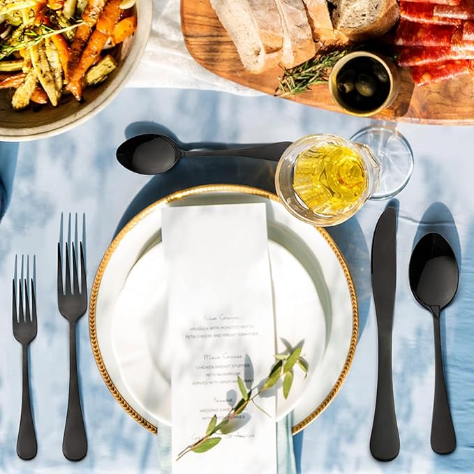 Vesteel 45 Pieces Black Silverware Set with Serving Utensils, Stainless Steel Modern Flatware Cutlery Set for 8, Eating Utensils Tableware Include Forks Knives Spoons, Mirror Polished