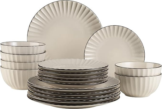MÄSER Osita Retro 931967 Series Dinner Service for 6 People with Wave Shape, 18-Piece Round Tableware Set with Dinner Plate, Dessert Plate and Cereal Bowl, Dinnerware Set, Stoneware, Cream White