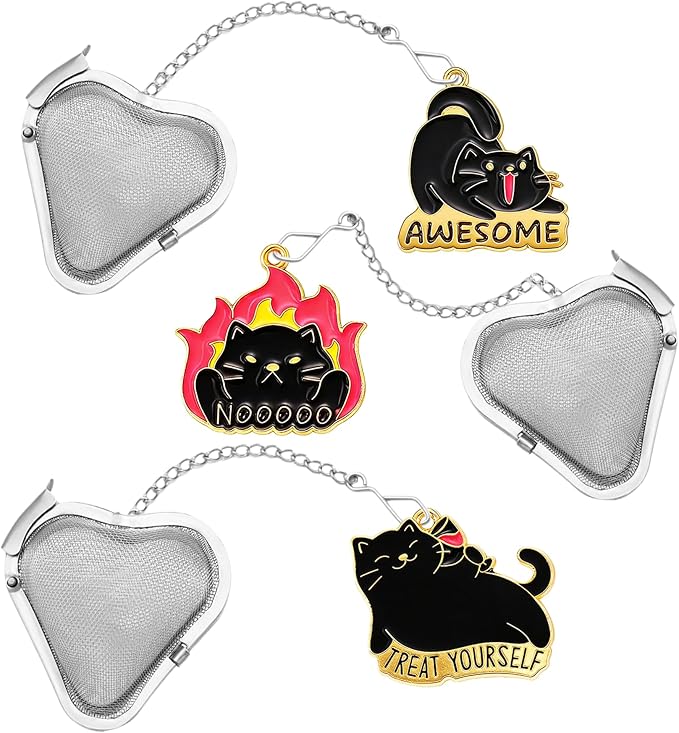 3 pcs tea infuser loose tea strainer, heart shaped stainless steel loose leaf tea infuser tea ball, cute pendant tea ball set tea gifts for tea lovers women (Angry Cat)