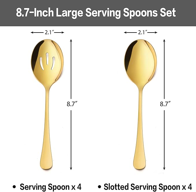 LIANYU 8 Pack Gold Slotted Serving Spoons, 8.7 Inch Stainless Steel Serving Utensils Spoon Set for Banquet Catering Buffet Dinner Restaurant Party
