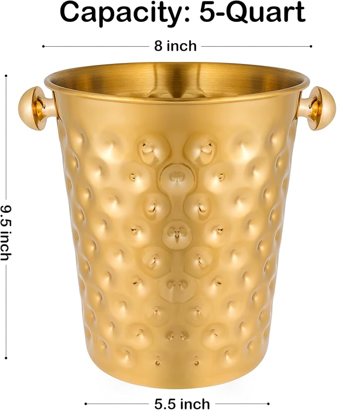 BARsics 5-Quart Metal Golden Champagne Bucket, Hammered Mirror Finish Stainless Steel Ice Bucket for Party, Wedding, Banquet (Gold/Pack of 2)
