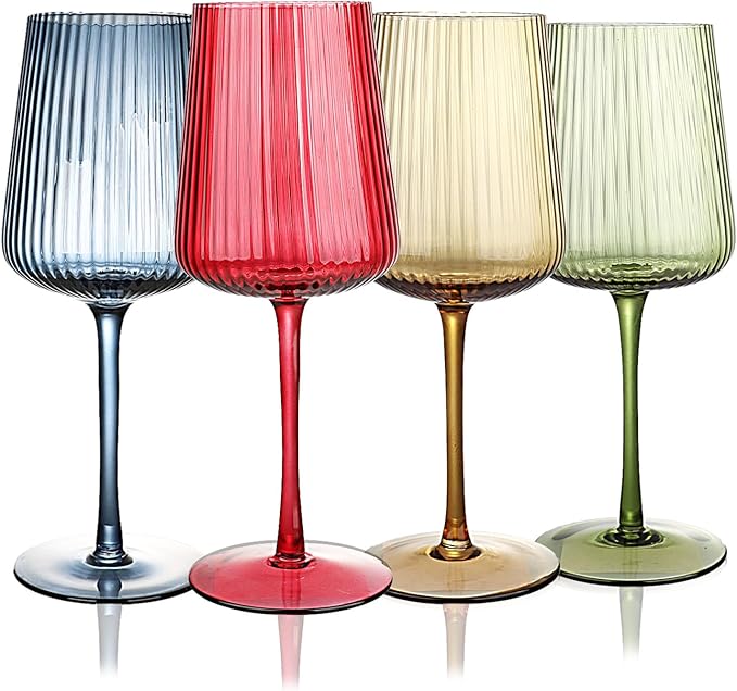 Hand Blown Ribbed Wine Glasses with stem, Lead-Free Crystal Glasses, Luxury Gift, Set of 4, Unique, 18oz Premium Wine Goblet, Large capacity, Fluted Design (Winter Colored)