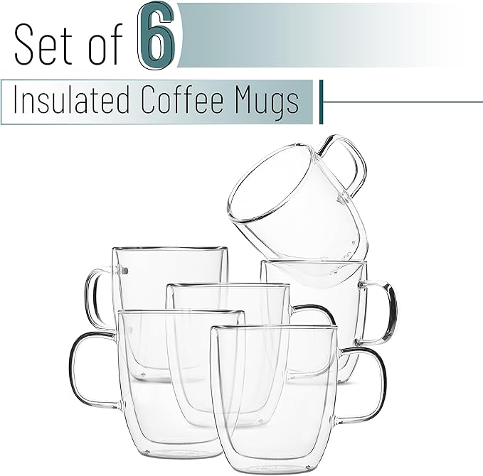 BTaT- Double Walled Glass Coffee Cups, 6 Pack, 12 oz, Espresso Cappuccino Latte Tea Cups with Handle, Microwave Safe Clear Glasses for Hot and Cold Drinks